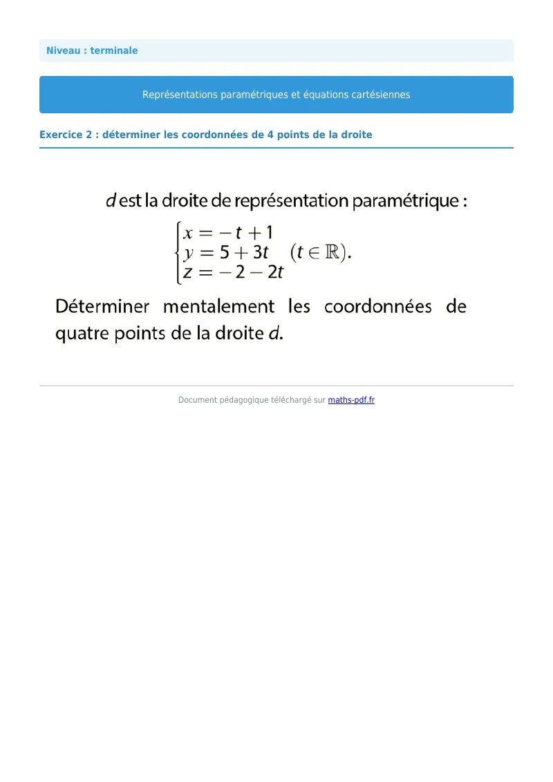 Les équations paramétriques et cartésiennes de droites : exercice n°2 de maths en terminale corrigé en PDF