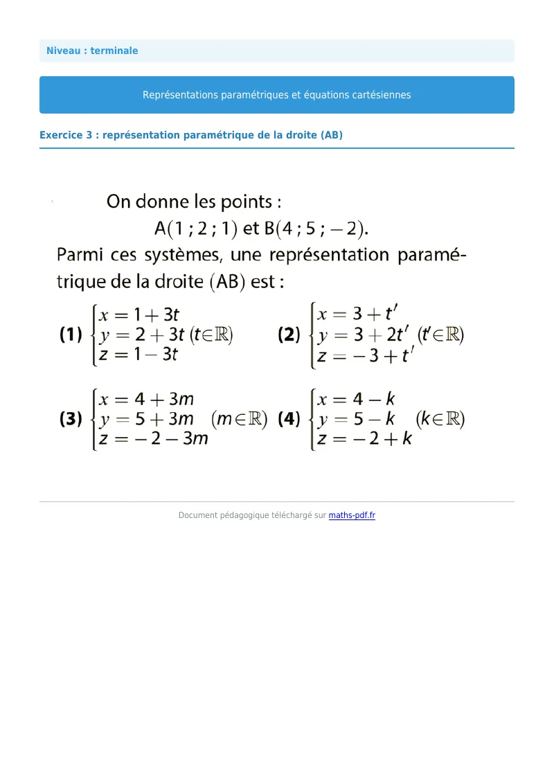 Les équations paramétriques et cartésiennes de droites : exercice n°3 de maths en terminale corrigé en PDF