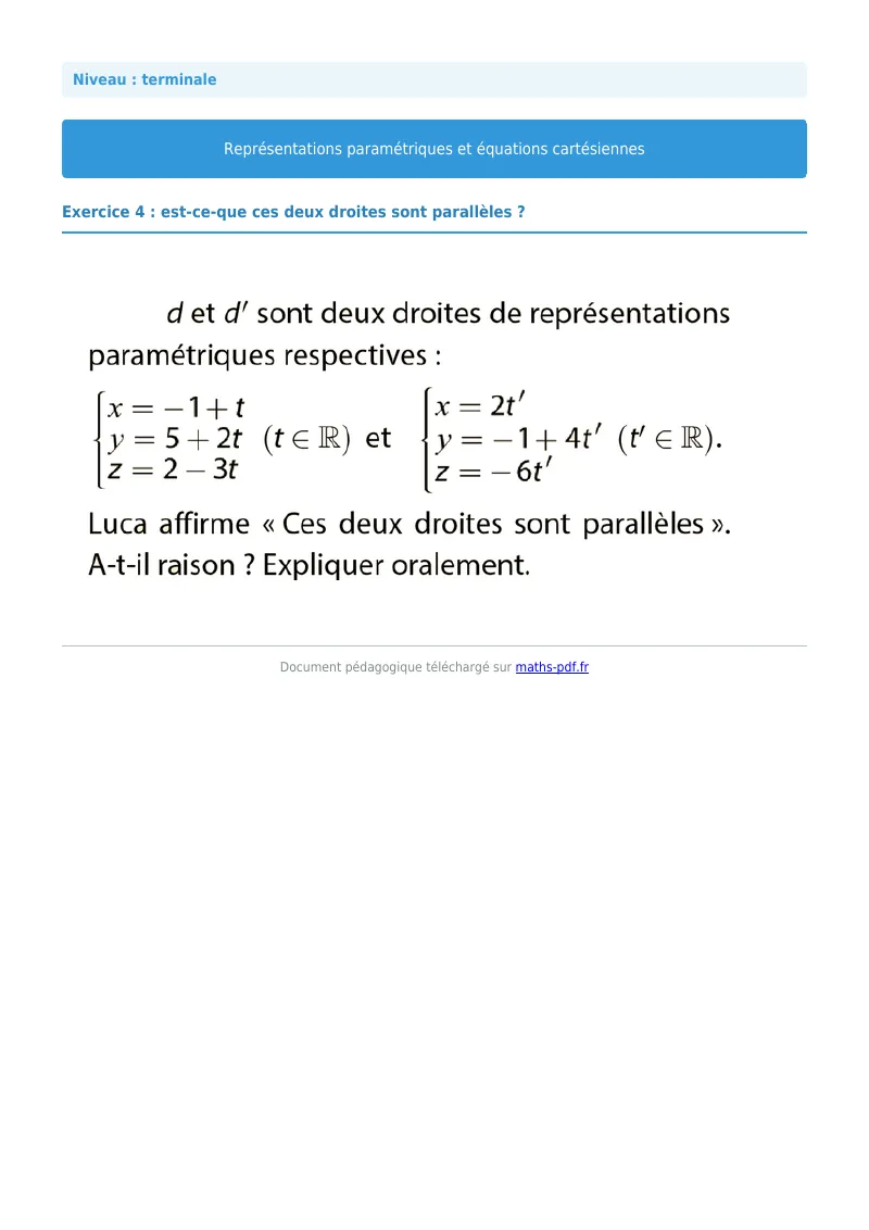 Les équations paramétriques et cartésiennes de droites : exercice n°4 de maths en terminale corrigé en PDF