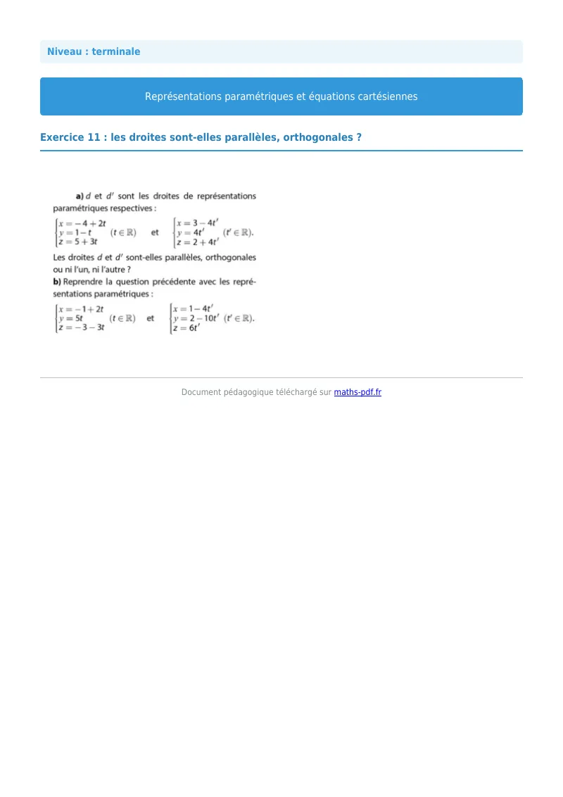 Les équations paramétriques et cartésiennes de droites : exercice n°11 de maths en terminale corrigé en PDF