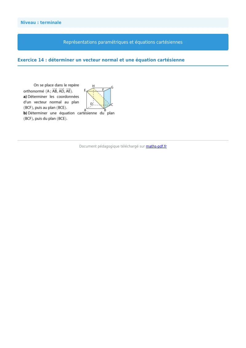 Les équations paramétriques et cartésiennes de droites : exercice n°14 de maths en terminale corrigé en PDF