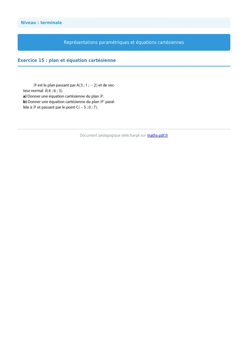 Les équations paramétriques et cartésiennes de droites : exercice n°15 de maths en terminale corrigé en PDF