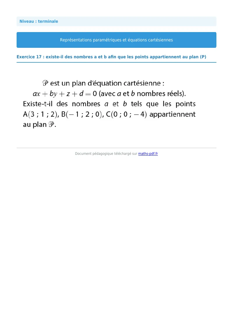 Les équations paramétriques et cartésiennes de droites : exercice n°17 de maths en terminale corrigé en PDF