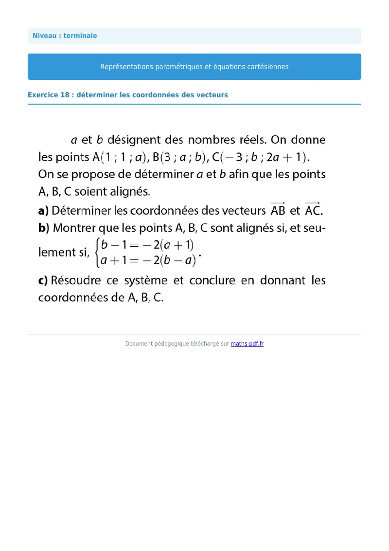 Les équations paramétriques et cartésiennes de droites : exercice n°18 de maths en terminale corrigé en PDF
