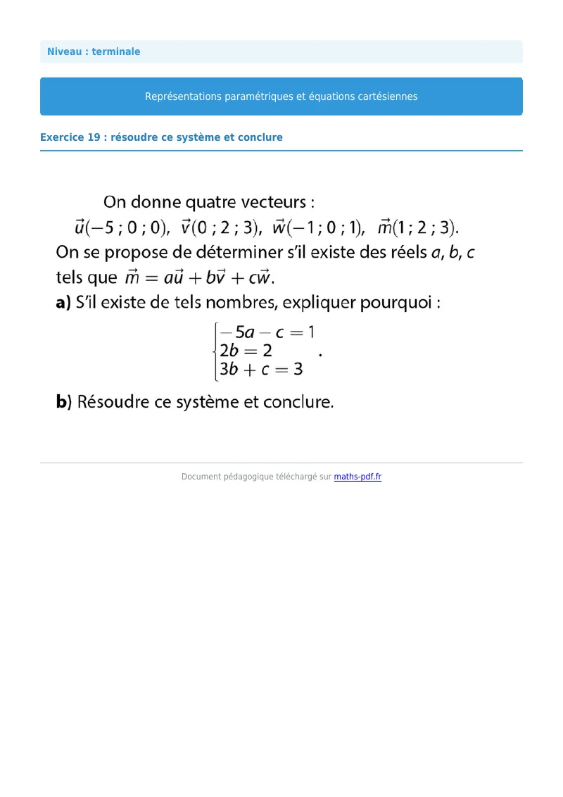 Les équations paramétriques et cartésiennes de droites : exercice n°19 de maths en terminale corrigé en PDF