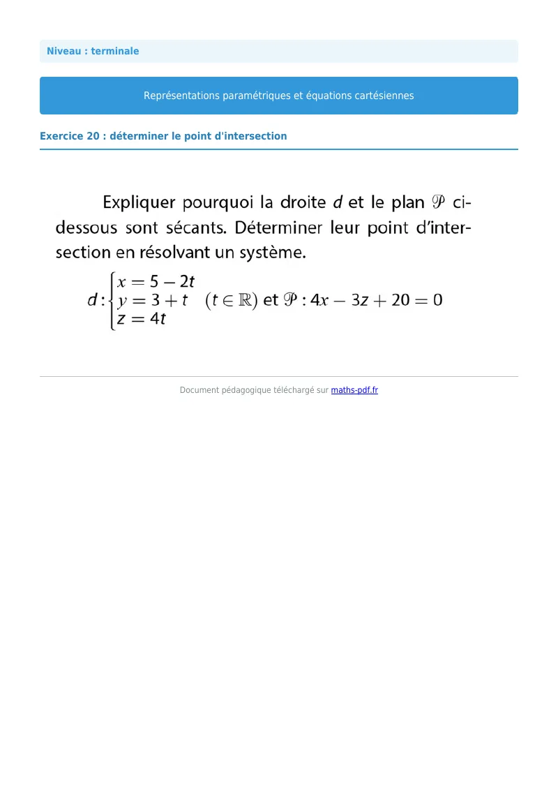 Les équations paramétriques et cartésiennes de droites : exercice n°20 de maths en terminale corrigé en PDF