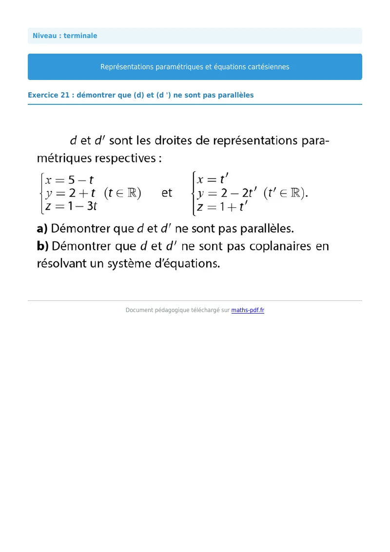 Les équations paramétriques et cartésiennes de droites : exercice n°21 de maths en terminale corrigé en PDF