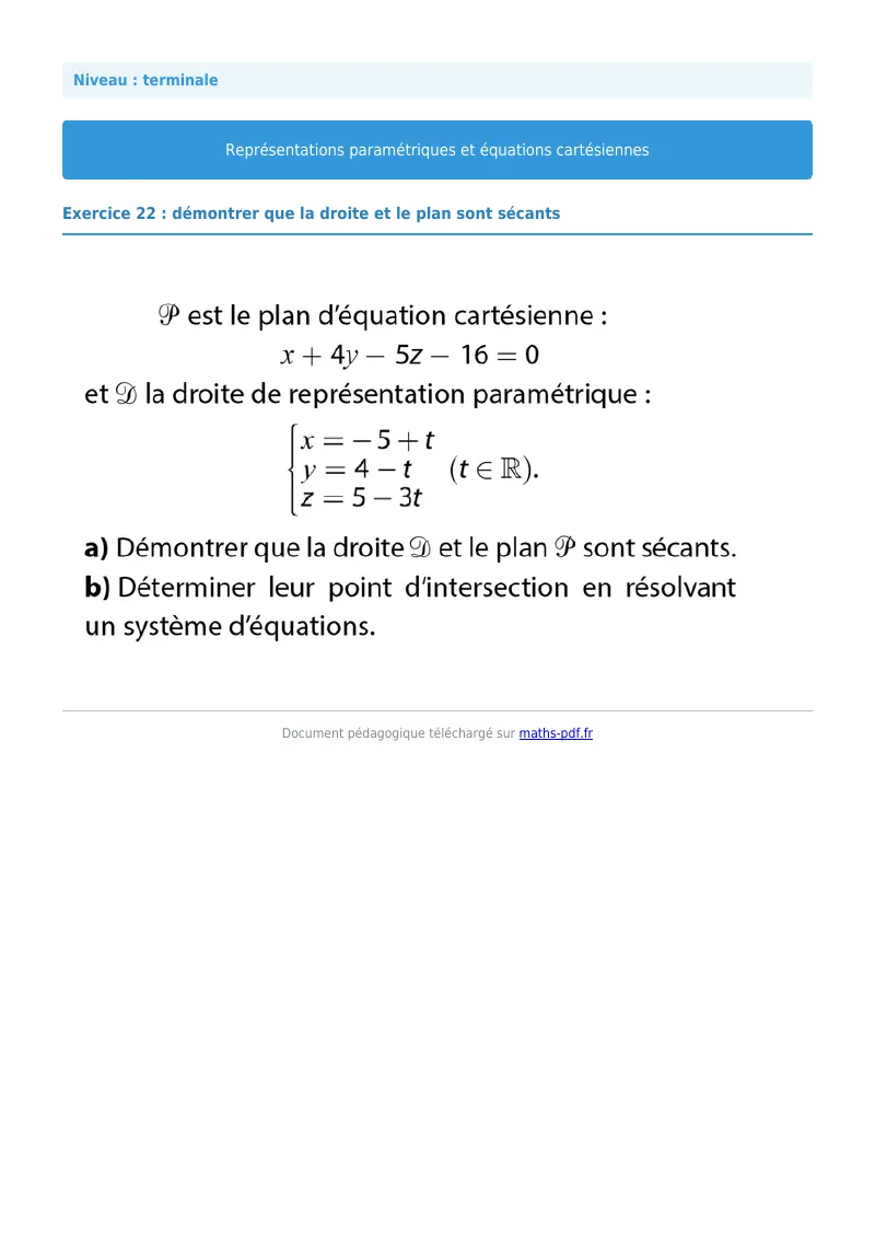 Les équations paramétriques et cartésiennes de droites : exercice n°22 de maths en terminale corrigé en PDF