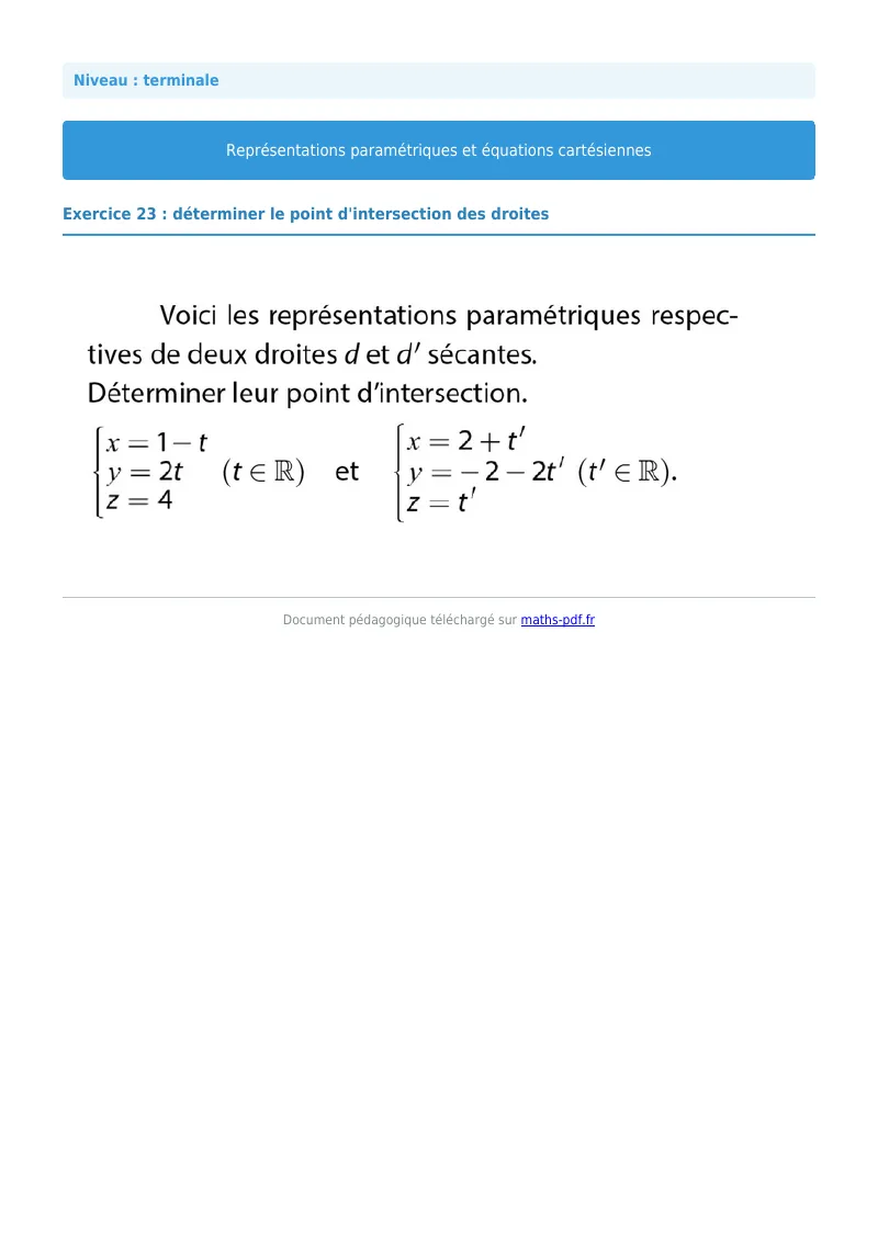 Les équations paramétriques et cartésiennes de droites : exercice n°23 de maths en terminale corrigé en PDF