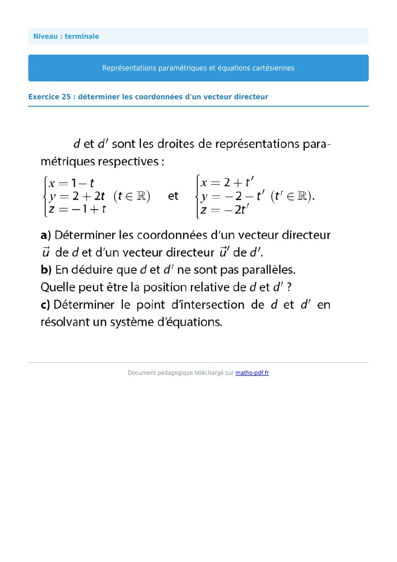 Les équations paramétriques et cartésiennes de droites : exercice n°25 de maths en terminale corrigé en PDF