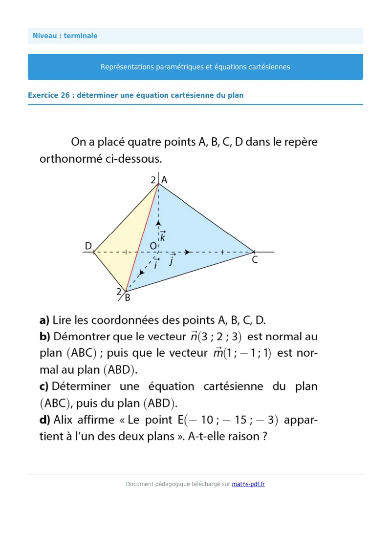 Les équations paramétriques et cartésiennes de droites : exercice n°26 de maths en terminale corrigé en PDF
