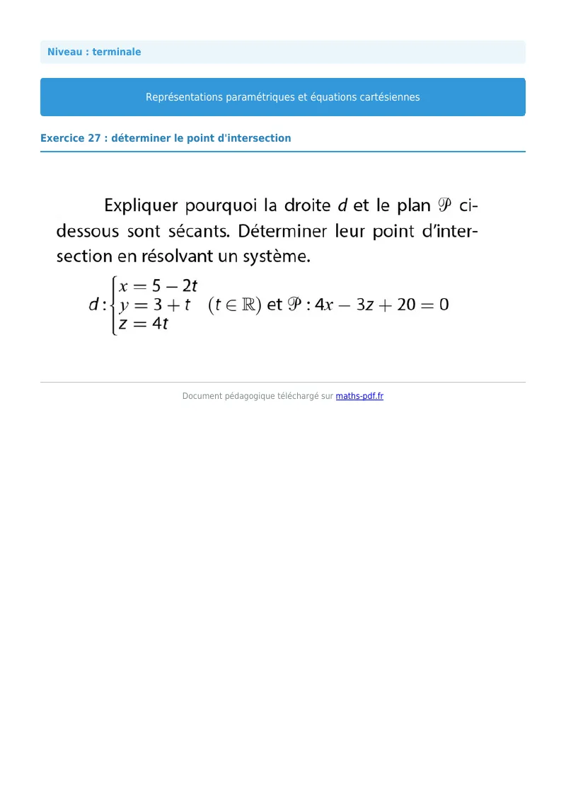 Les équations paramétriques et cartésiennes de droites : exercice n°27 de maths en terminale corrigé en PDF