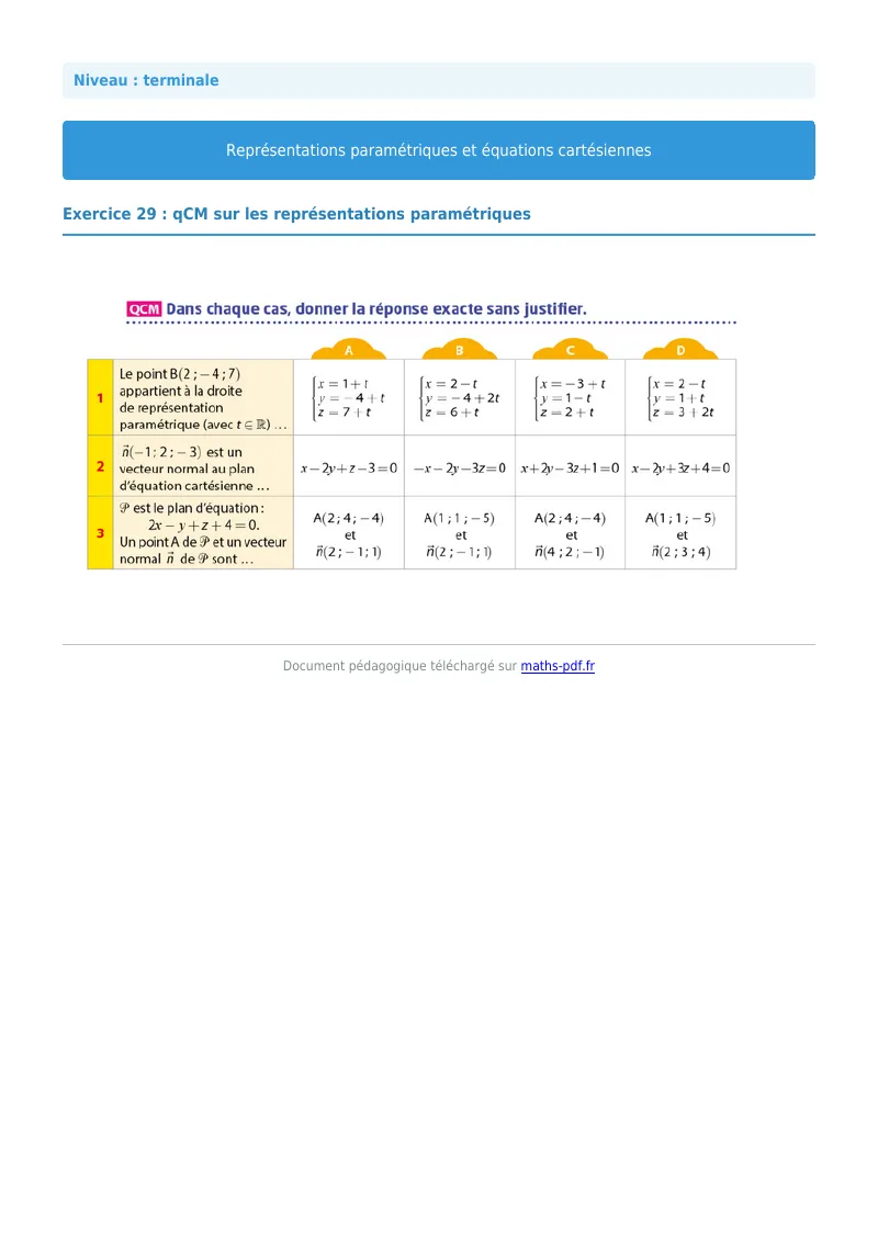 Les équations paramétriques et cartésiennes de droites : exercice n°29 de maths en terminale corrigé en PDF