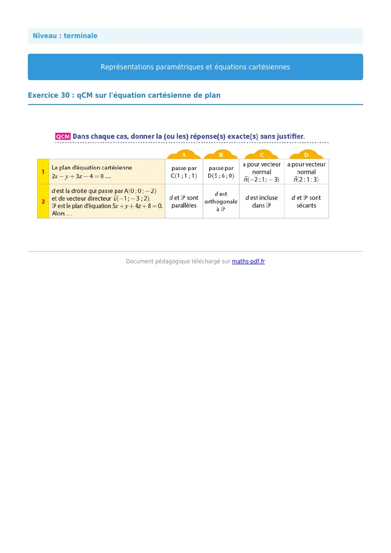 Les équations paramétriques et cartésiennes de droites : exercice n°30 de maths en terminale corrigé en PDF