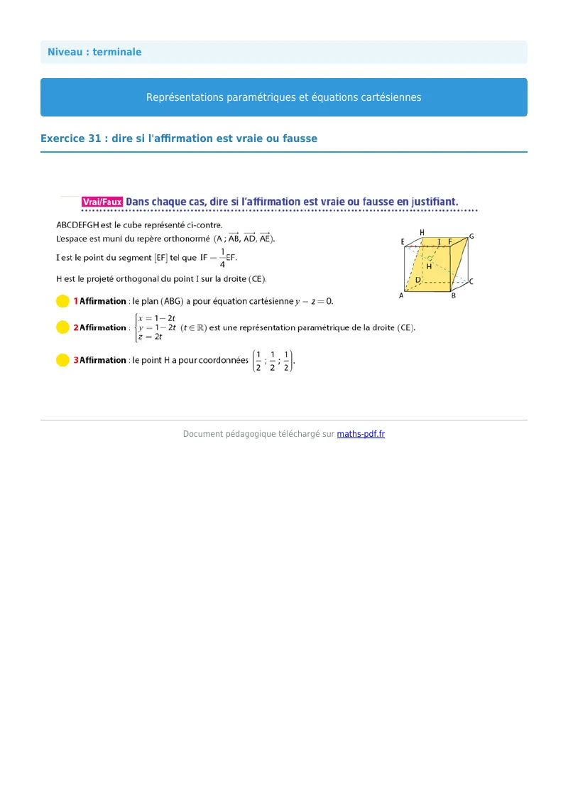 Les équations paramétriques et cartésiennes de droites : exercice n°31 de maths en terminale corrigé en PDF