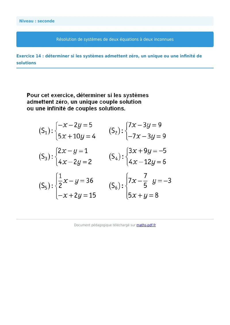 Systèmes de deux équations à deux inconnues : exercice n°14 de maths en seconde corrigé en PDF