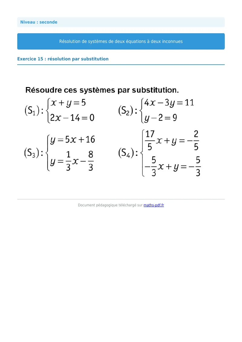 Systèmes de deux équations à deux inconnues : exercice n°15 de maths en seconde corrigé en PDF