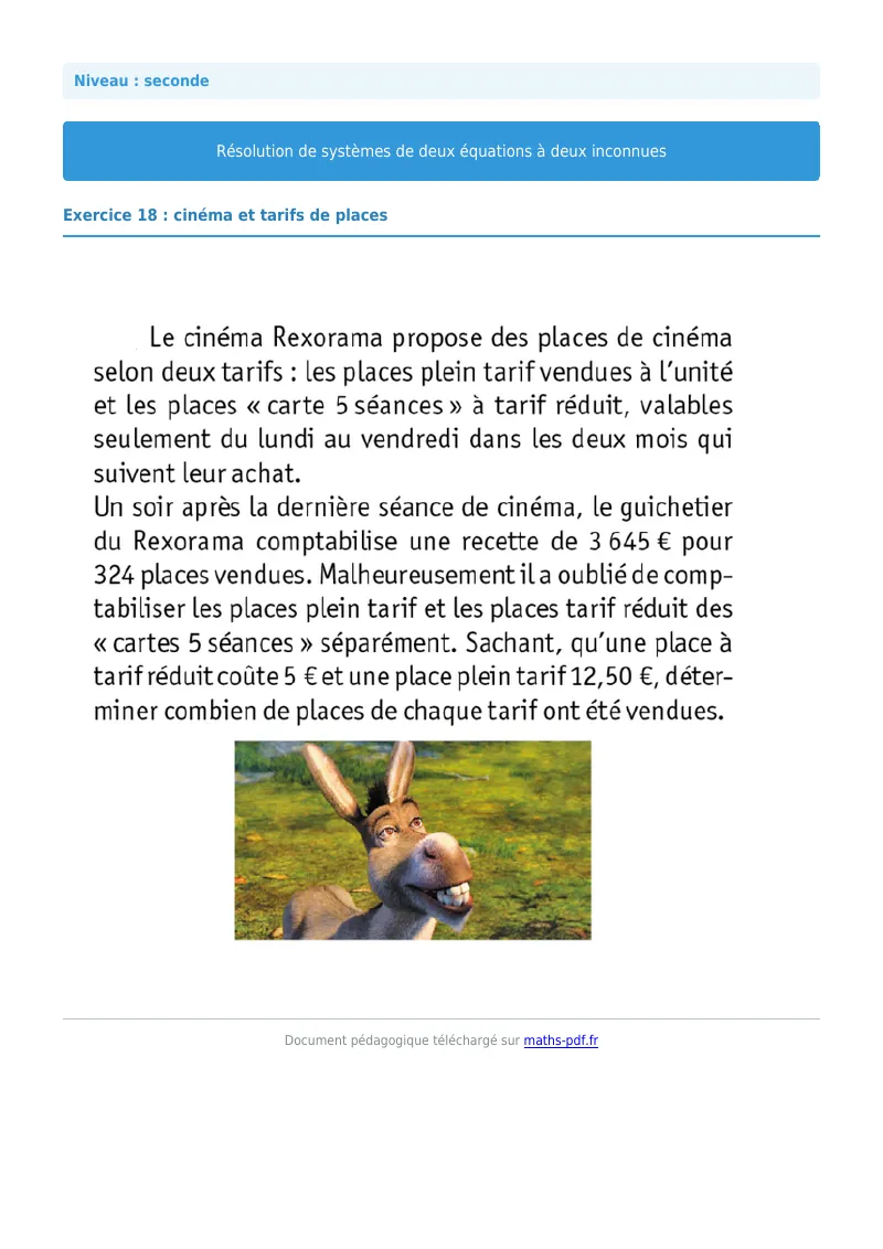 Systèmes de deux équations à deux inconnues : exercice n°18 de maths en seconde corrigé en PDF
