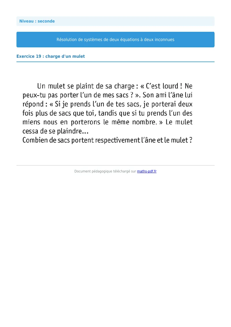 Systèmes de deux équations à deux inconnues : exercice n°19 de maths en seconde corrigé en PDF