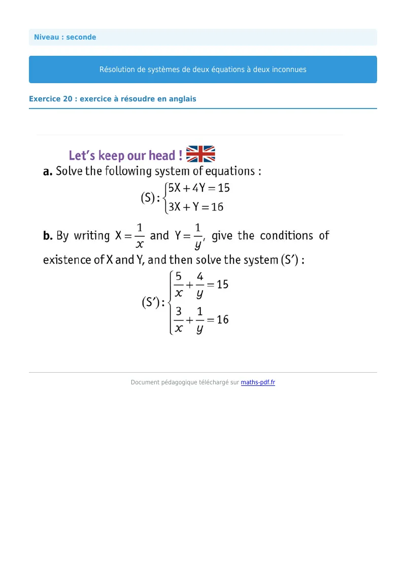 Systèmes de deux équations à deux inconnues : exercice n°20 de maths en seconde corrigé en PDF