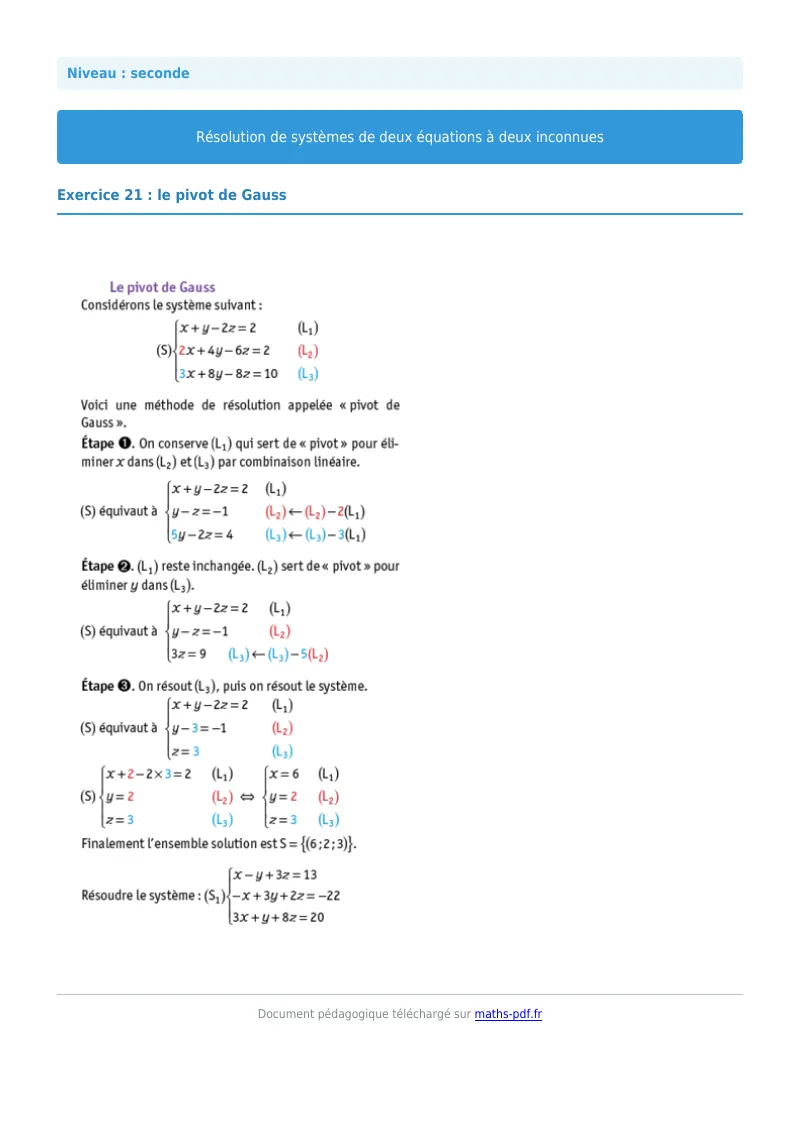 Systèmes de deux équations à deux inconnues : exercice n°21 de maths en seconde corrigé en PDF