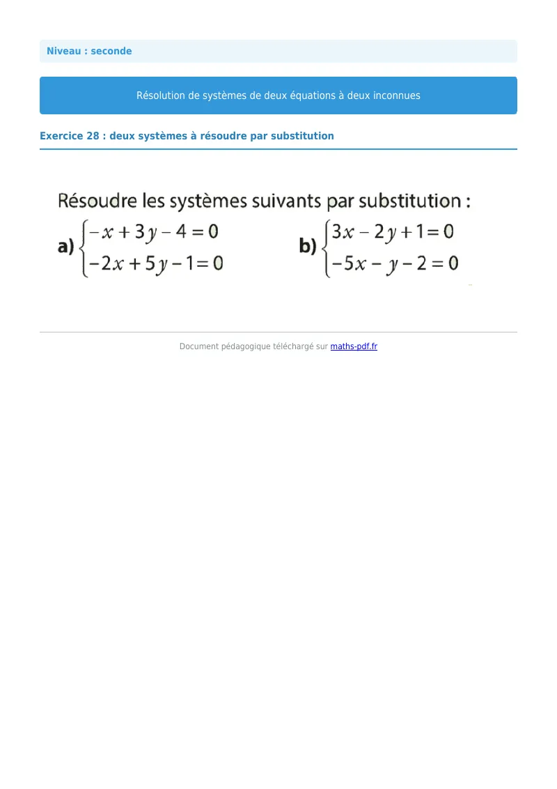 Systèmes de deux équations à deux inconnues : exercice n°28 de maths en seconde corrigé en PDF