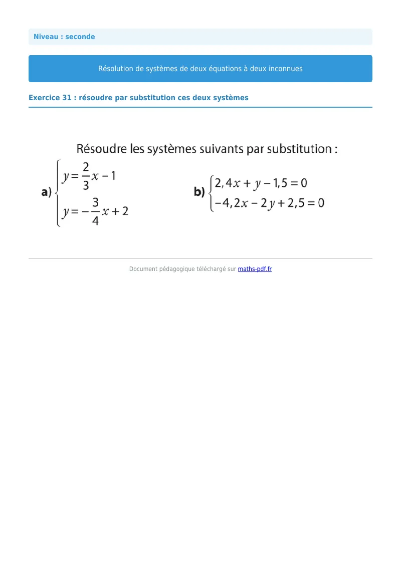 Systèmes de deux équations à deux inconnues : exercice n°31 de maths en seconde corrigé en PDF