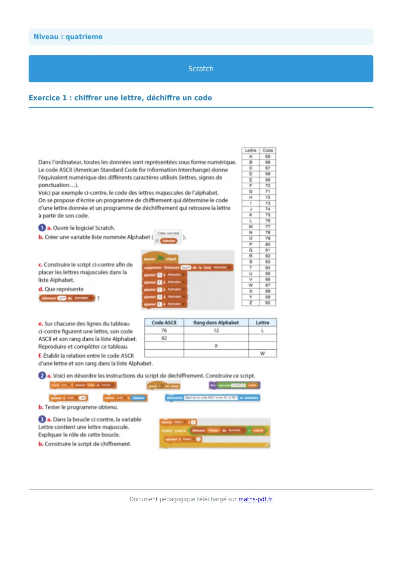 Scratch : exercice n°1 de maths en 4ème corrigé en PDF