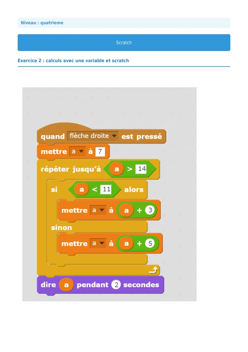 Scratch : exercice n°2 de maths en 4ème corrigé en PDF