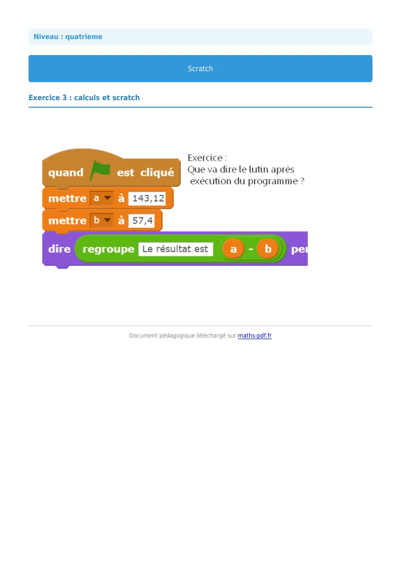 Scratch : exercice n°3 de maths en 4ème corrigé en PDF