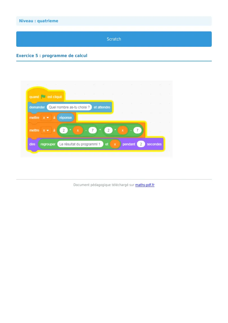 Scratch : exercice n°5 de maths en 4ème corrigé en PDF