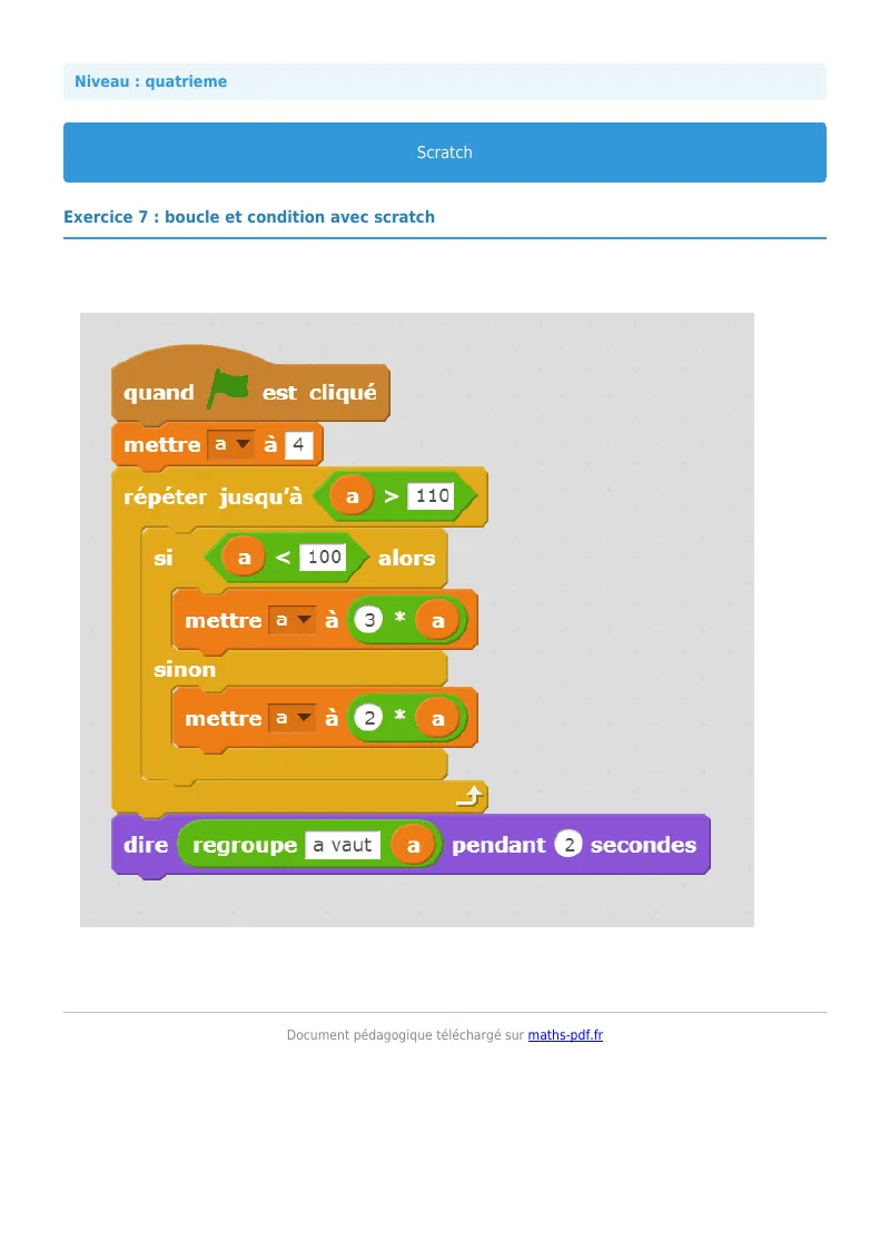 Scratch : exercice n°7 de maths en 4ème corrigé en PDF