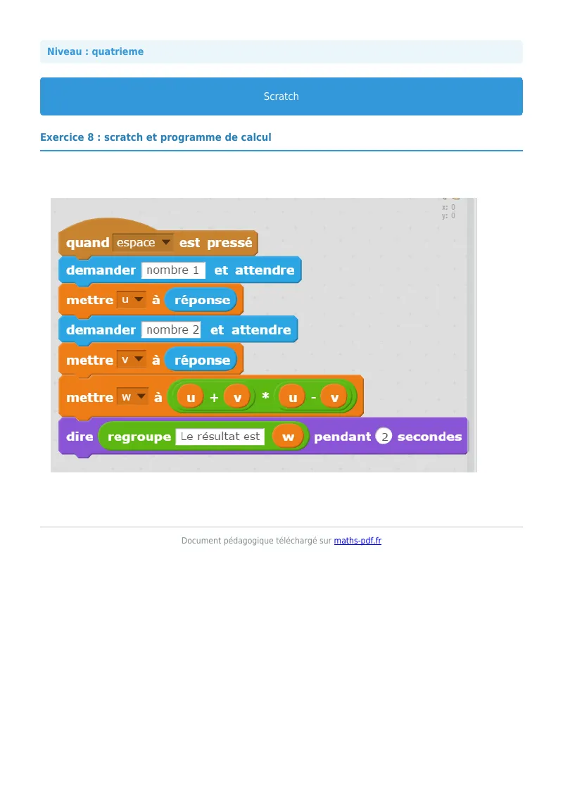 Scratch : exercice n°8 de maths en 4ème corrigé en PDF