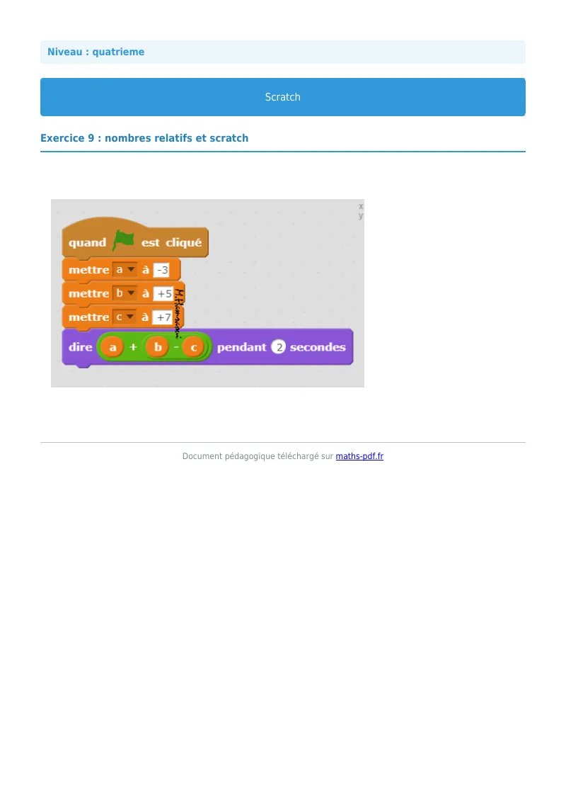 Scratch : exercice n°9 de maths en 4ème corrigé en PDF