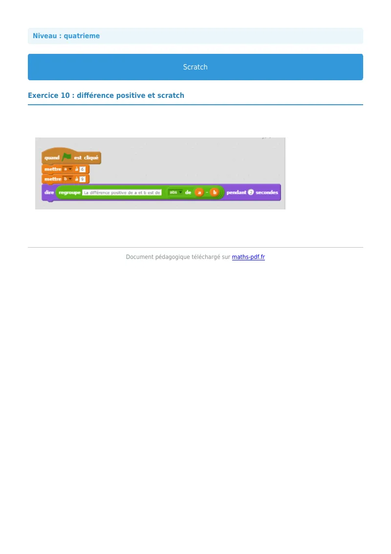 Scratch : exercice n°10 de maths en 4ème corrigé en PDF