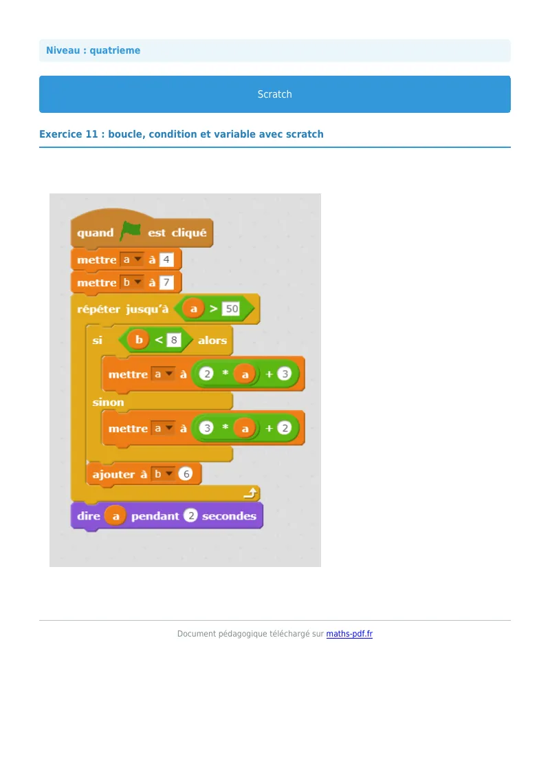 Scratch : exercice n°11 de maths en 4ème corrigé en PDF