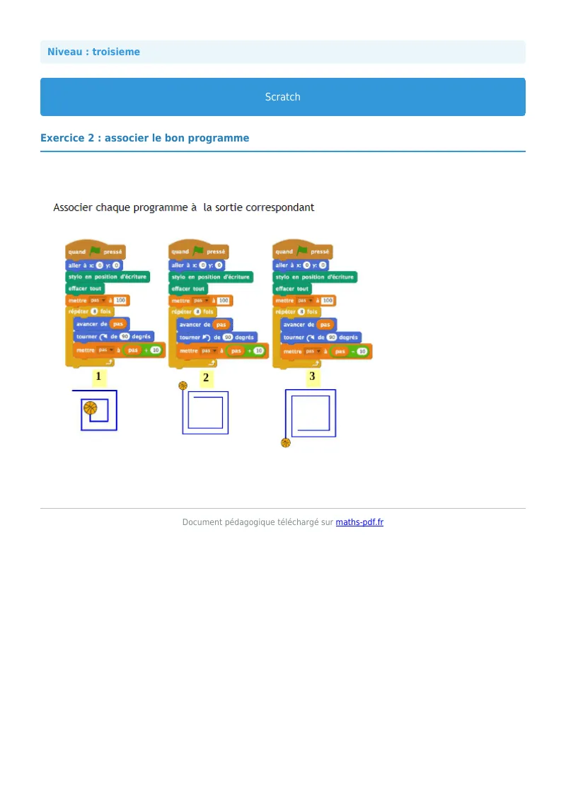 Scratch : exercice n°2 de maths en 3ème corrigé en PDF