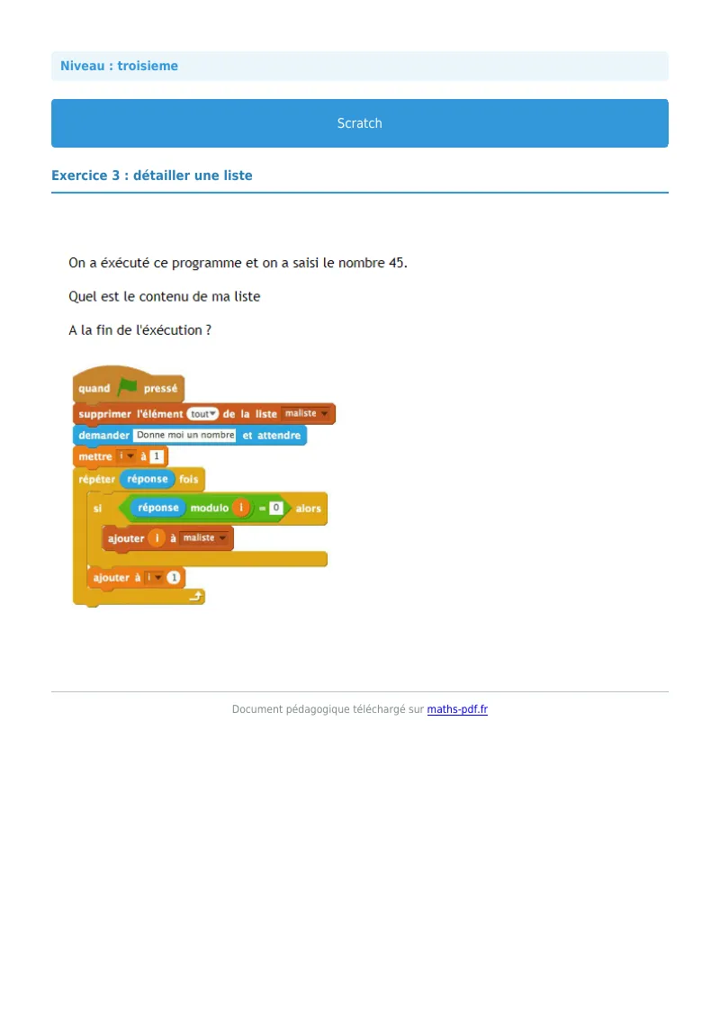 Scratch : exercice n°3 de maths en 3ème corrigé en PDF