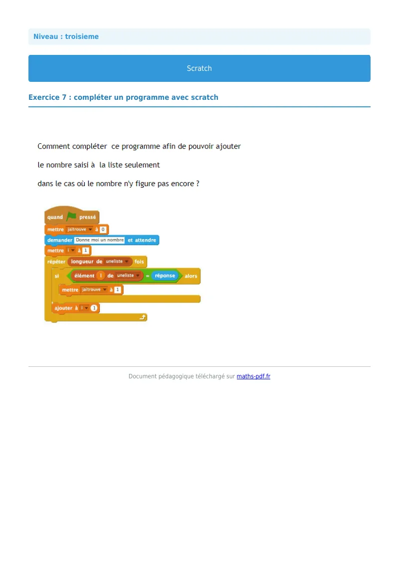 Scratch : exercice n°4 de maths en 3ème corrigé en PDF