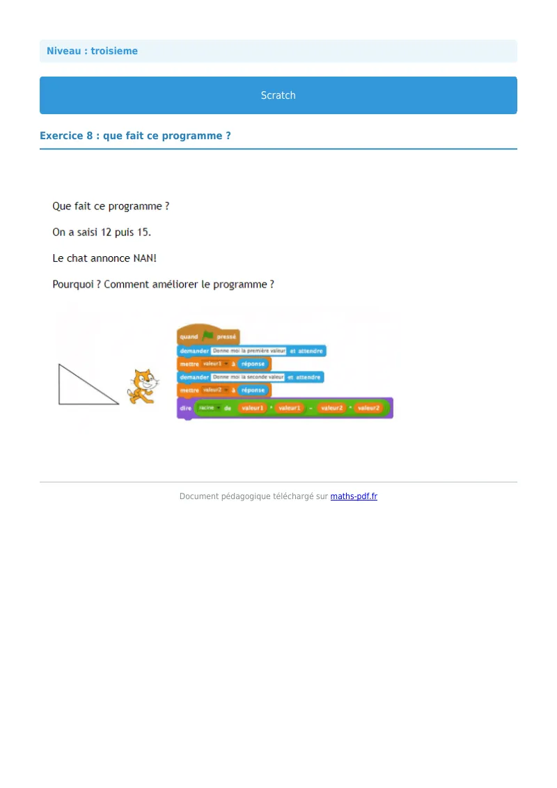 Scratch : exercice n°8 de maths en 3ème corrigé en PDF