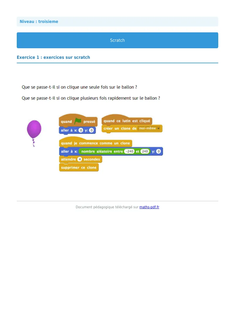 Scratch : exercice n°1 de maths en 3ème corrigé en PDF