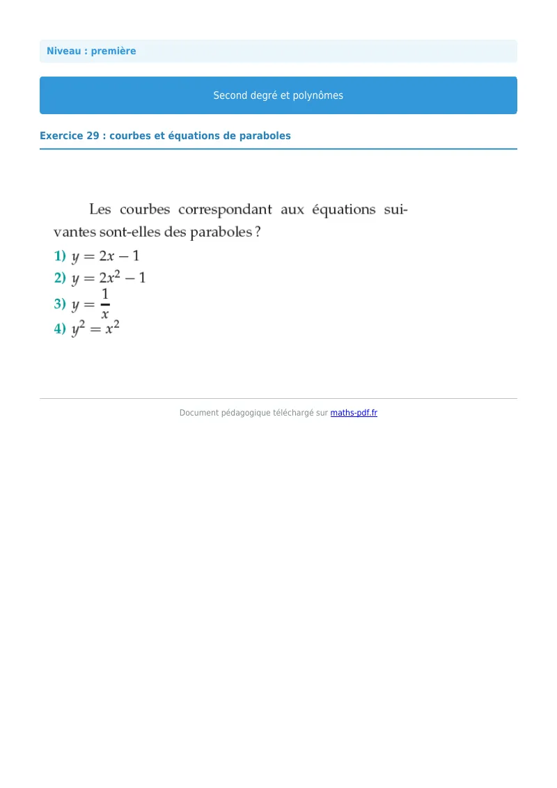 Second degré et polynômes : exercice n°29 de maths en première corrigé en PDF