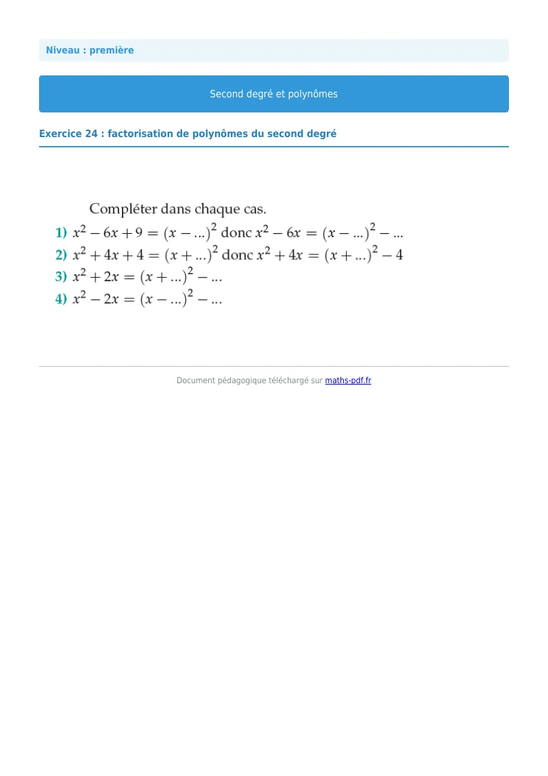 Second degré et polynômes : exercice n°24 de maths en première corrigé en PDF
