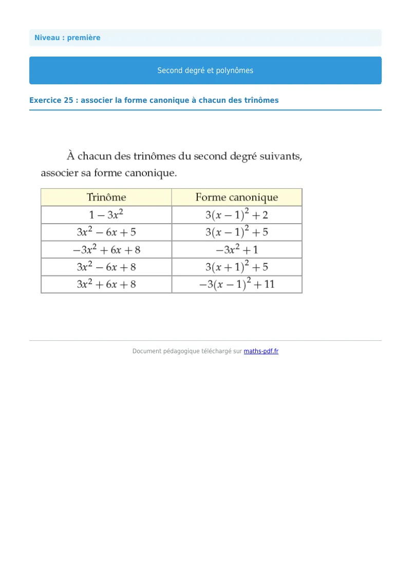 Second degré et polynômes : exercice n°25 de maths en première corrigé en PDF