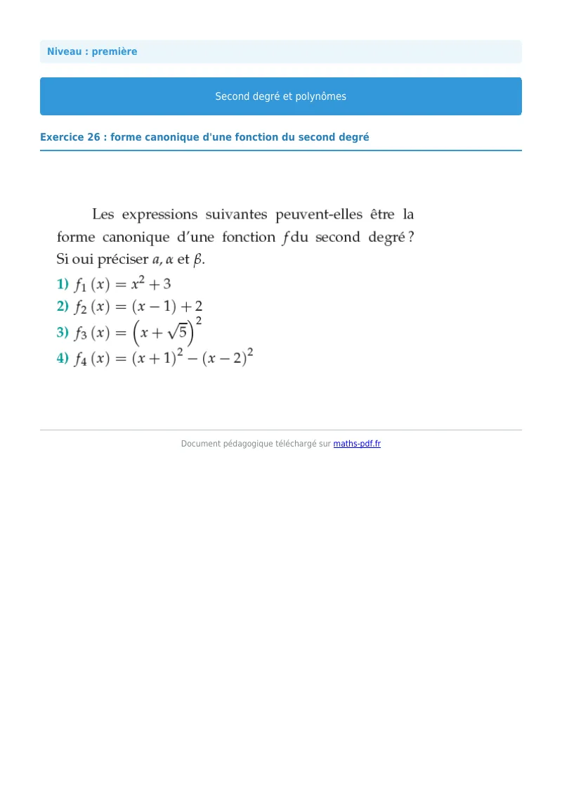 Second degré et polynômes : exercice n°26 de maths en première corrigé en PDF