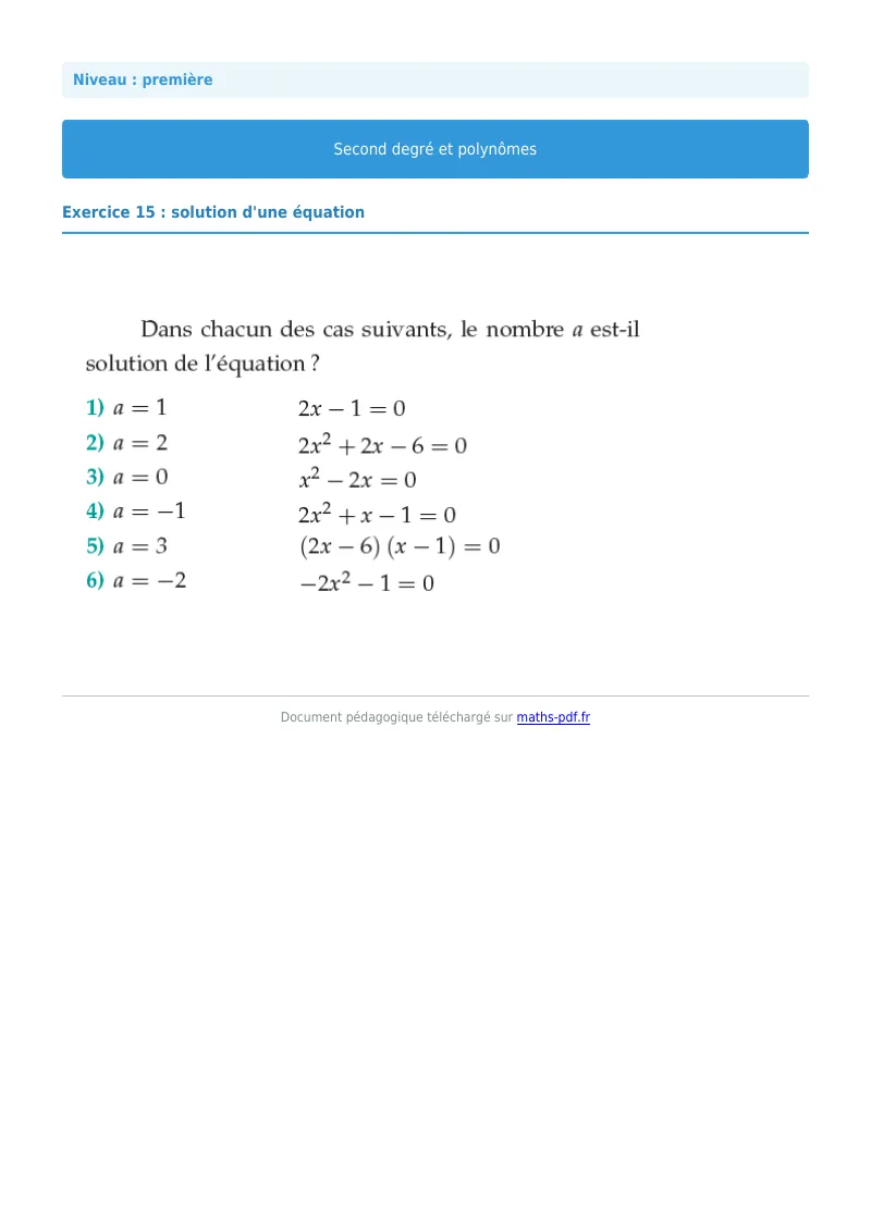 Second degré et polynômes : exercice n°15 de maths en première corrigé en PDF