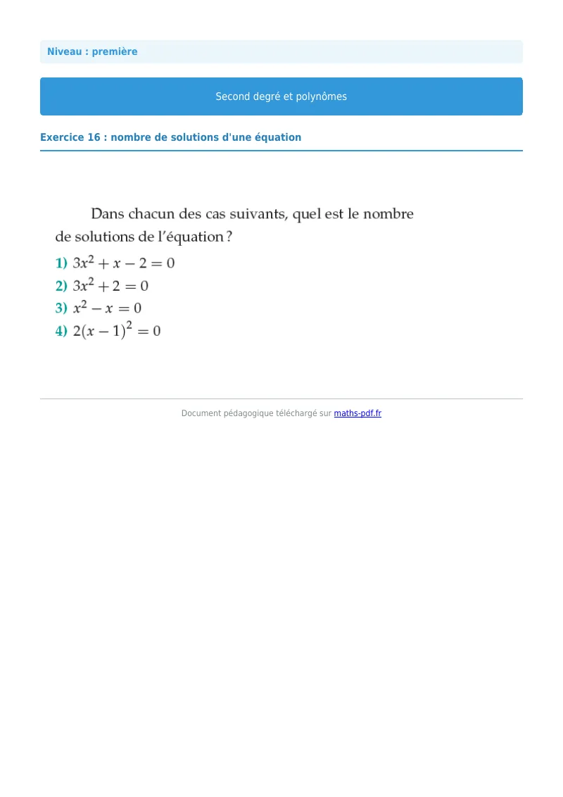 Second degré et polynômes : exercice n°16 de maths en première corrigé en PDF