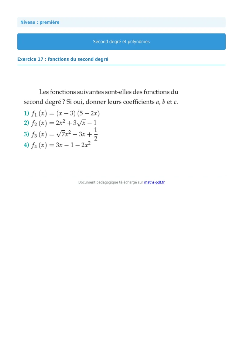 Second degré et polynômes : exercice n°17 de maths en première corrigé en PDF