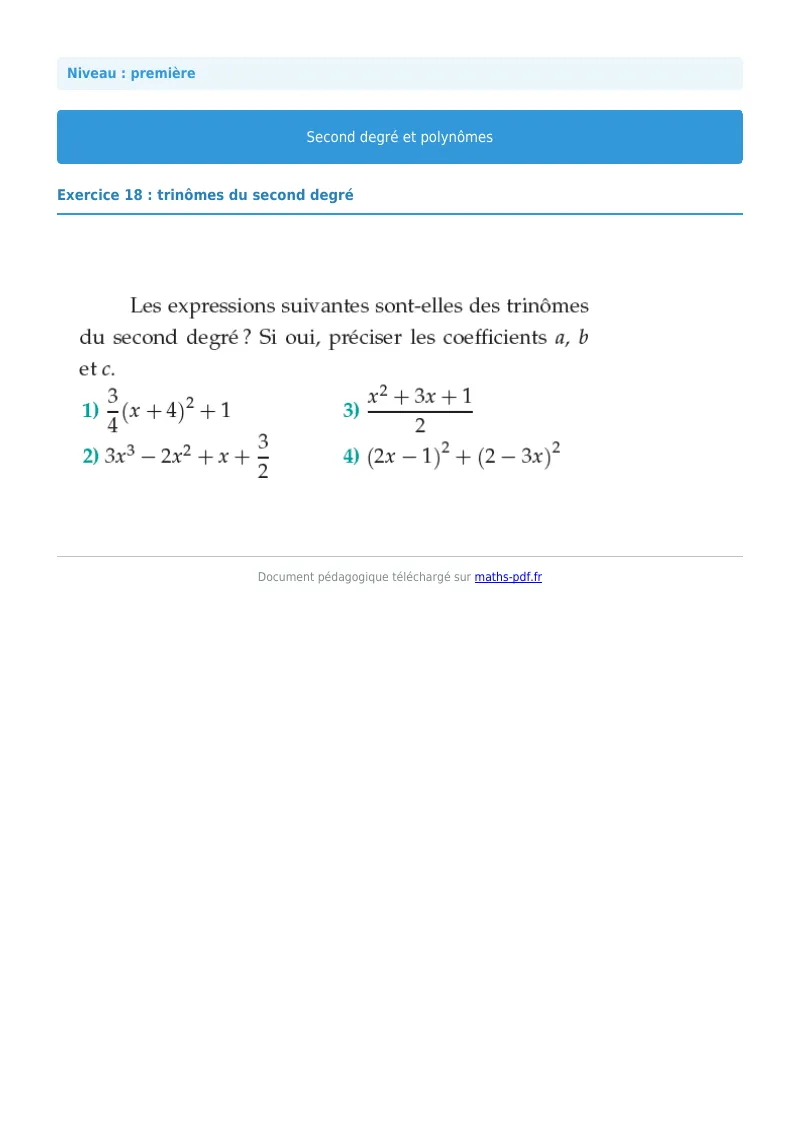 Second degré et polynômes : exercice n°18 de maths en première corrigé en PDF