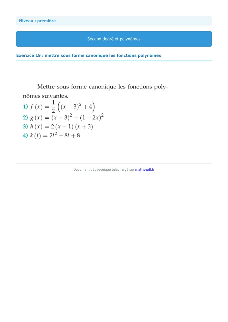 Second degré et polynômes : exercice n°19 de maths en première corrigé en PDF